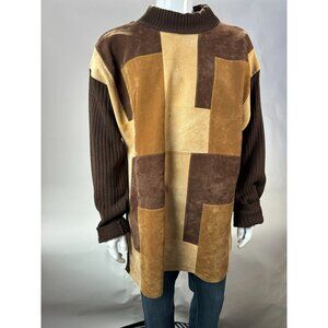 VTG 80s Koman Sport Patchwork Sweater Brown & Tan Ribbed Knit Mens L Blemish